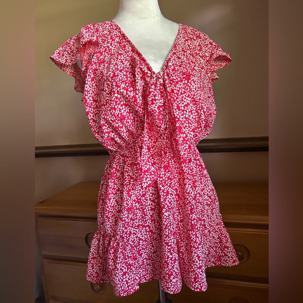 Red and White Floral Romper with Front Tie